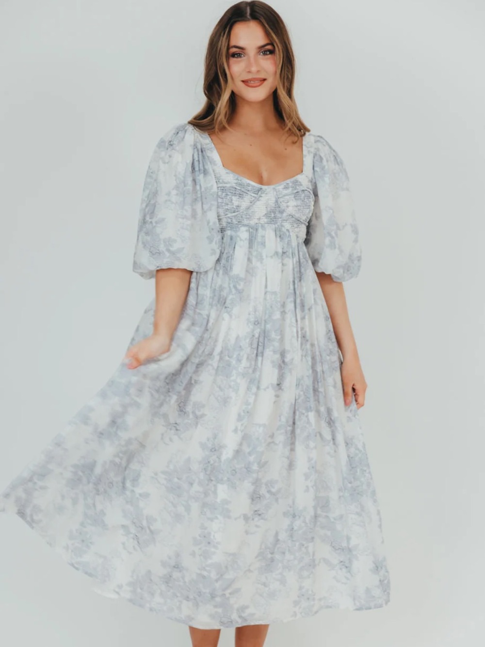 Light Blue Floral Puff Sleeve Maxi Dress